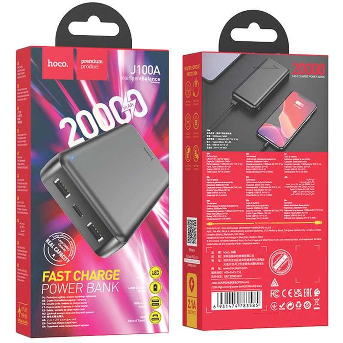 Baterie Externa Hoco, 2xUSB-A, 20.000 MAh, Black