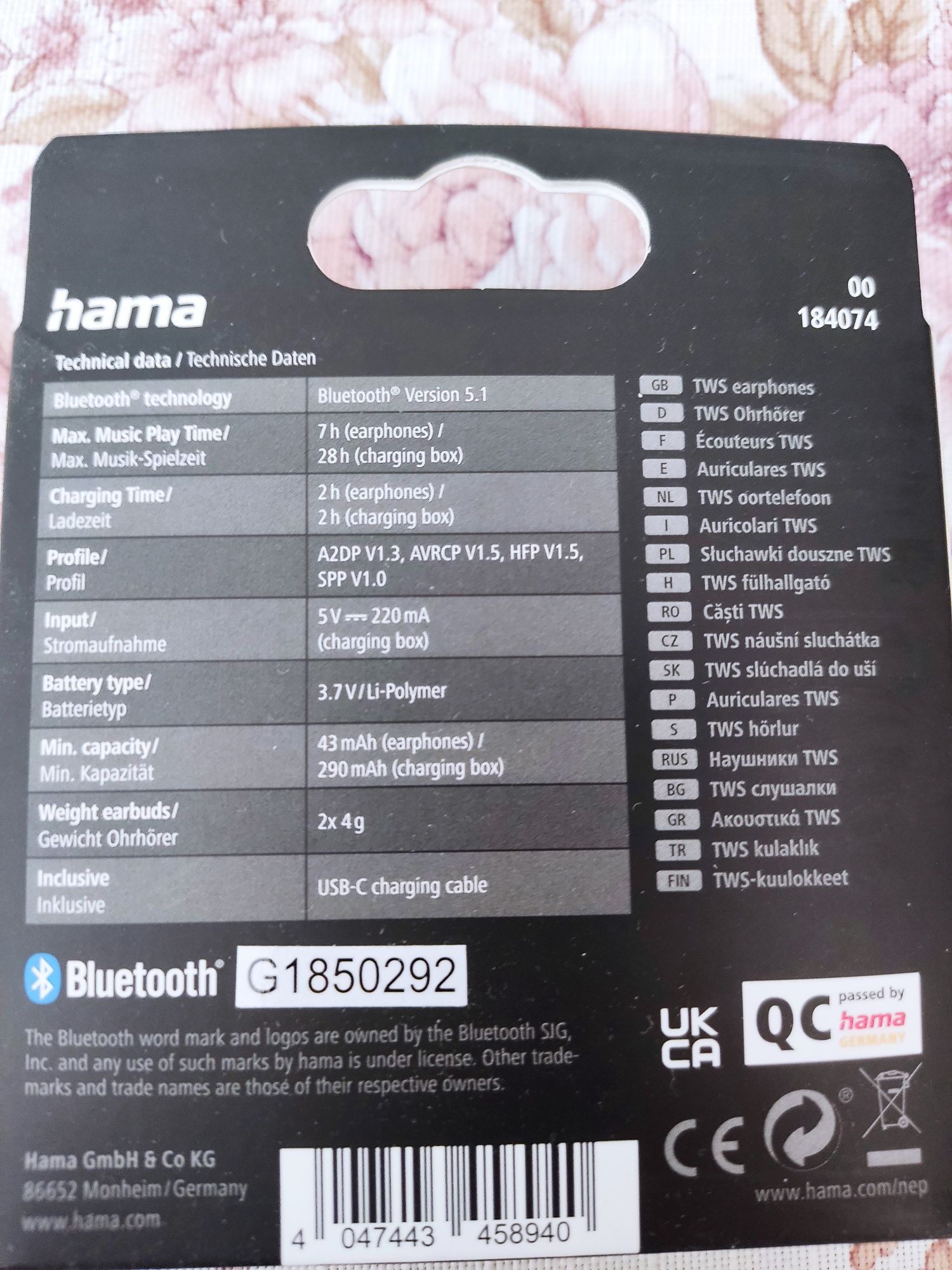 Слушалки Bluetooth Hama, Freedom Light BT TW
