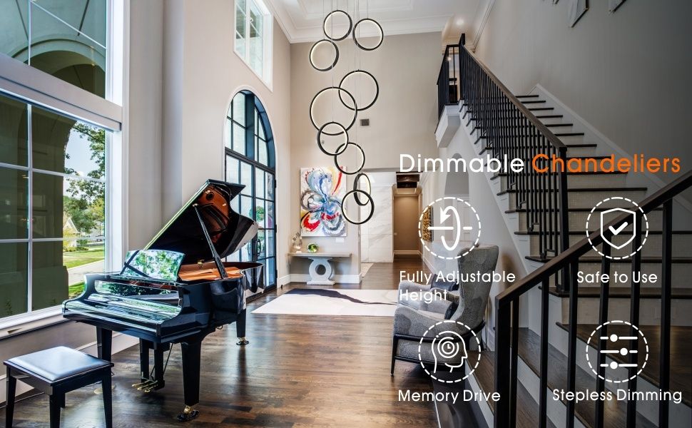 Модерен черен полилей с 12 пръстена за висок таван, стълбище