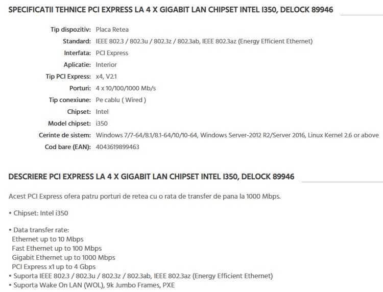 Placa de retea Delock 89946, PCI Express x4 - 4 x RJ45