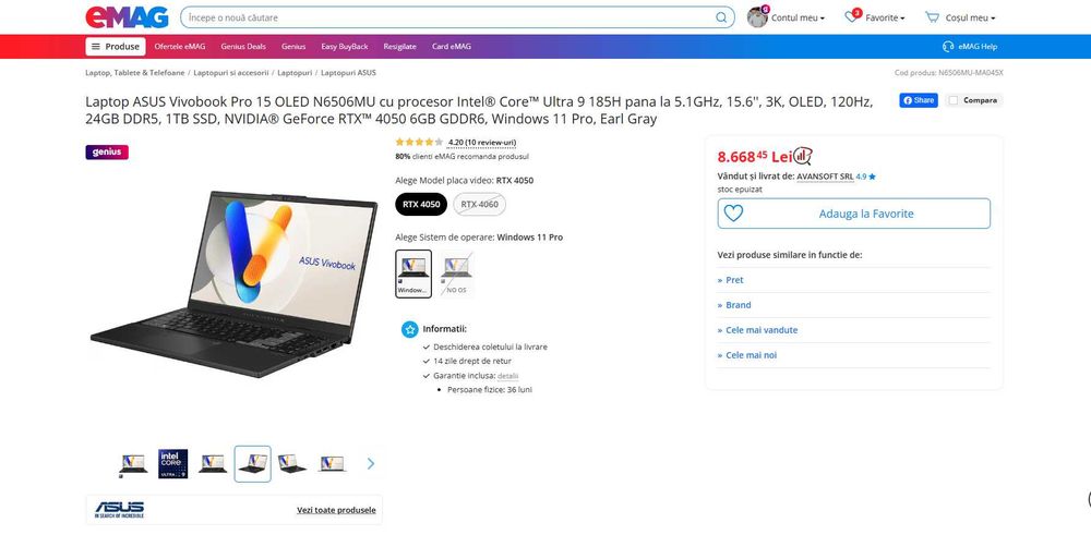 Vand Laptop ASUS Vivobook Pro 15 OLED N6506MU 24GB RAM NVIDIA RTX 4050