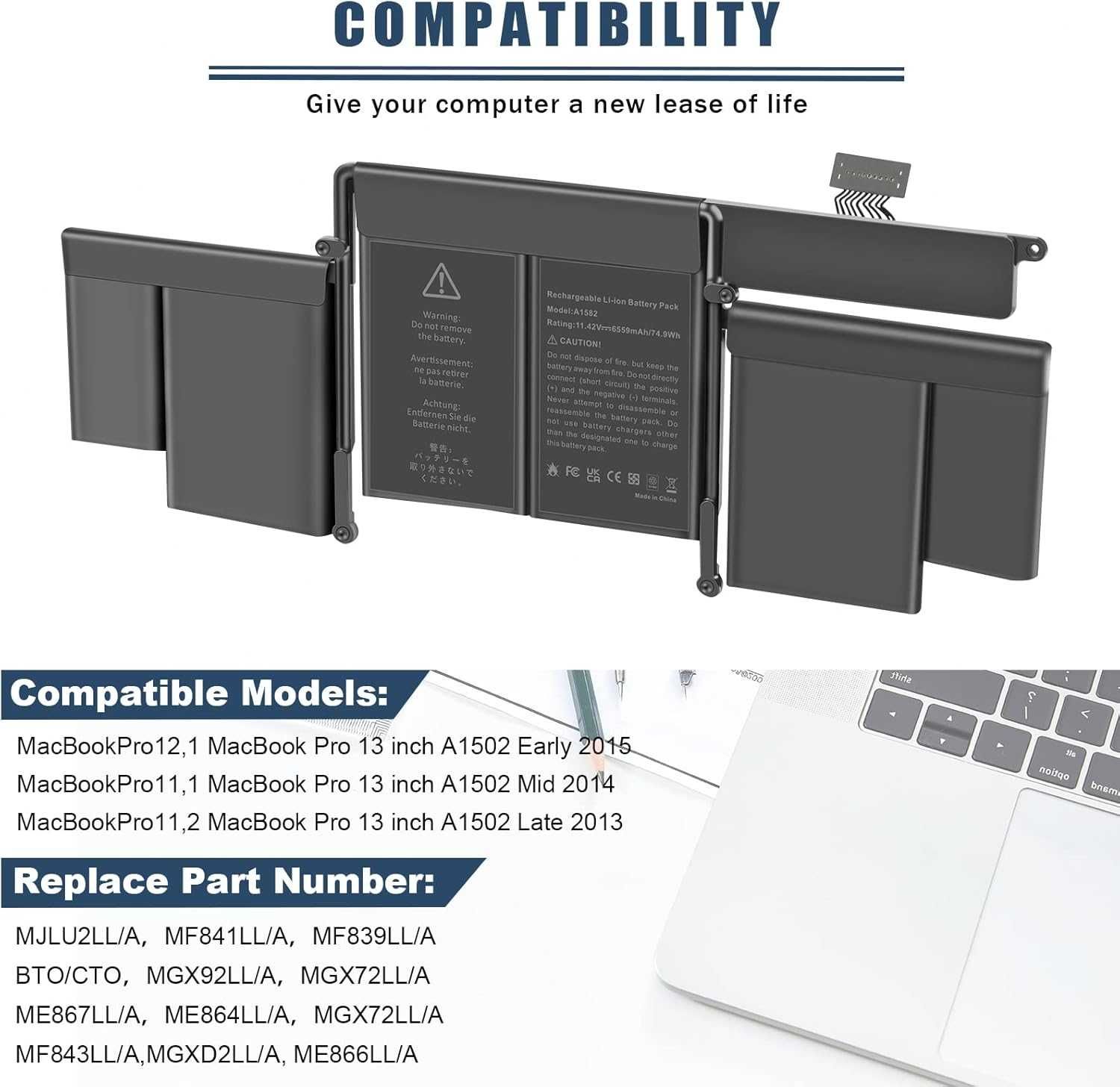 Aryee Батерия A1582 A1502 за MacBook Pro Retina 13 инча