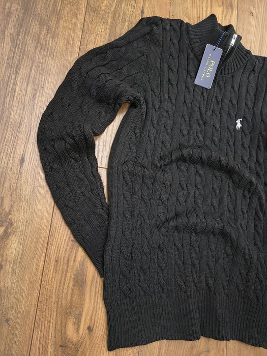 Pulover clasic, cable knit, RL, negru, half zipper