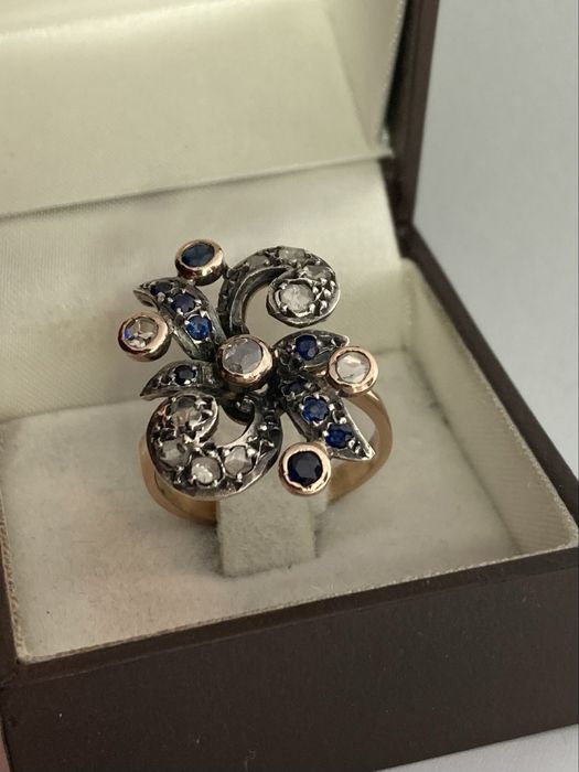 Inel antic aur 18kt.cu diamante si safire