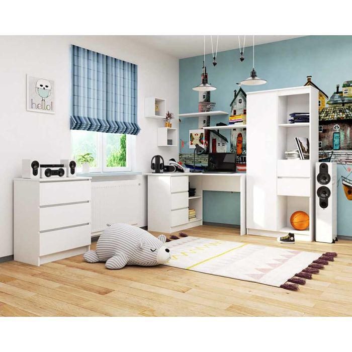 Birou calculator pe colt pe stanga cu 3 sertare b16 alb