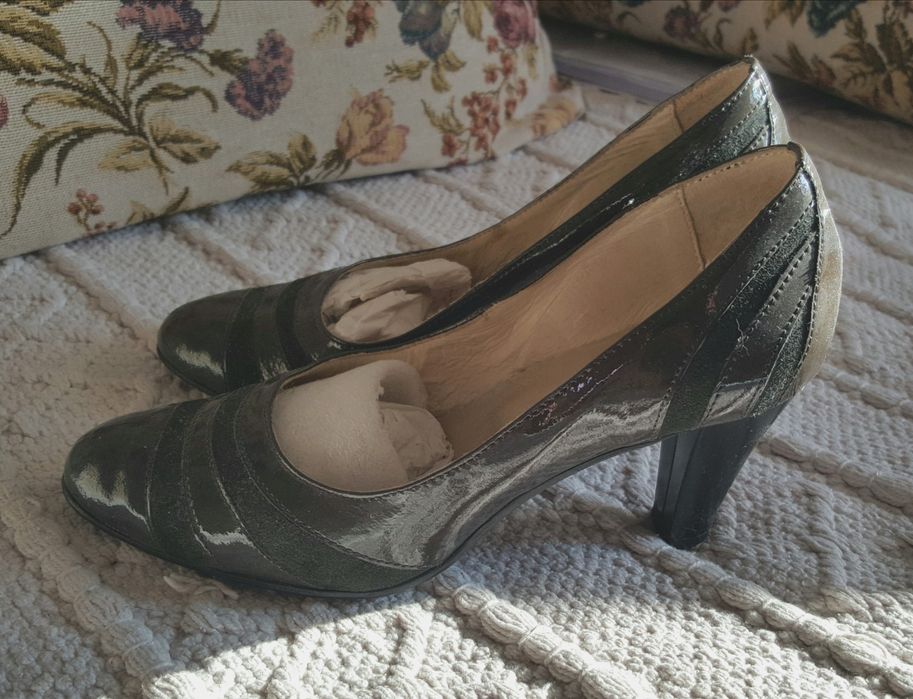 Pantofi damă din piele naturală gri și maro coniac