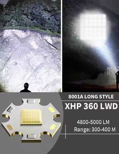 Супер мощен фенер с XHP360 LED 15000LM – Акумулаторен прожектор