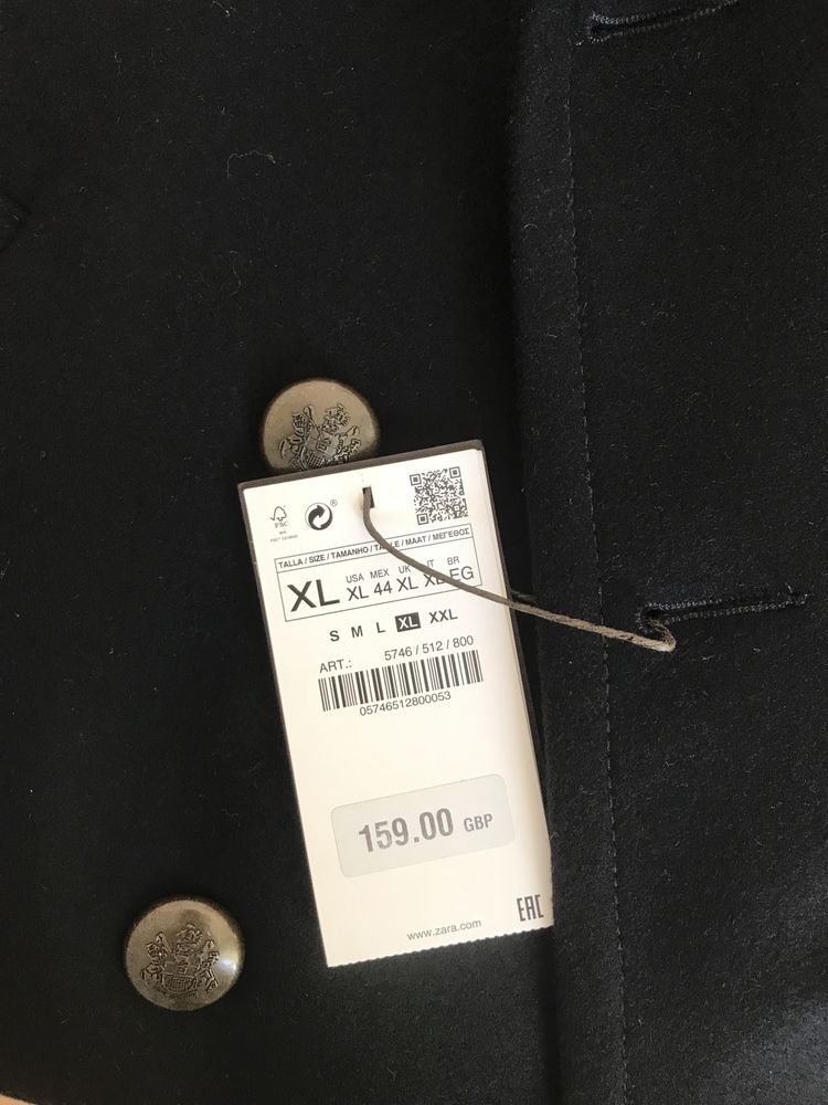 Palton Zara Man XL negru lâna petrecut cu doua rânduri nasturi