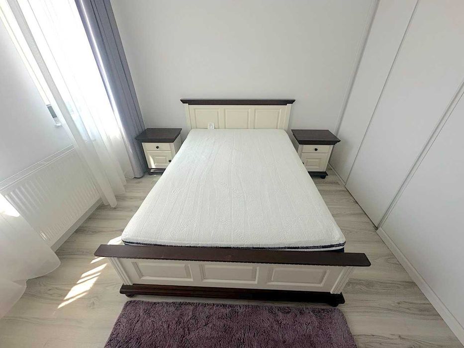 Pat matrimonial din lemn masiv Bucovina+Saltea Bien Dormir, 140x200cm