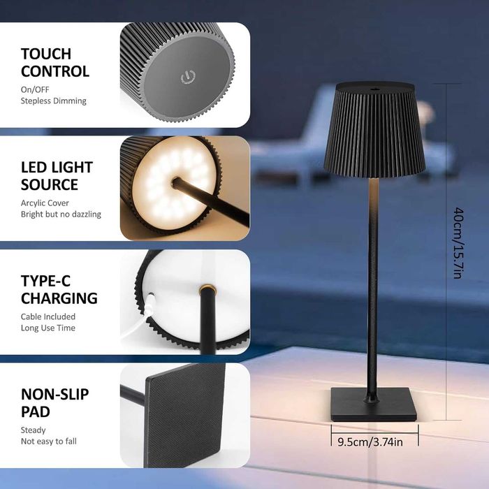 Lampa de masa led reincarcabila USB-C metalica cu touch dimabila birou