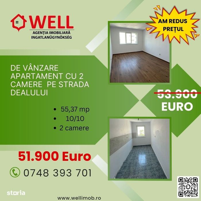 De vânzare apartament cu 2 camere  pe strada Dealului