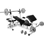 Banca multifunctionala alba + set greutati fonta, 108 kg