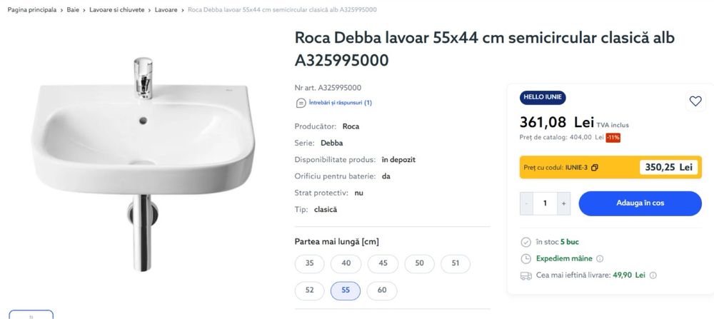 Chiuveta baie cu semipiedestal Roca Debba 55x44cm