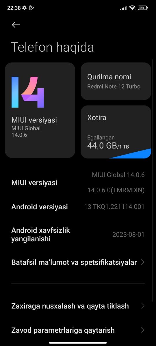 Redmi note 12 turbo (16+3)(xotira 1TB)