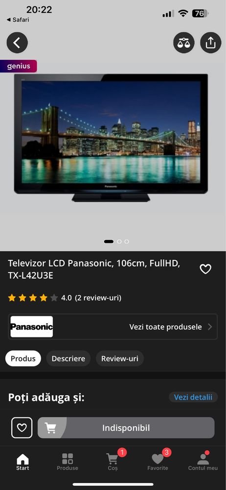 Tv Panasonic 106 cm televizor color 1 metru TX-L4273E / 42 inch