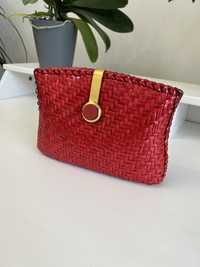 Clutch rosu, vintage, din rafie lacuita