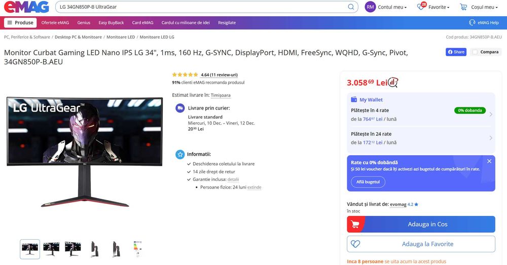 Monitor Gaming IPS LG UltraGear 34GN850P-B, 34", Ultra Wide QHD, 160Hz