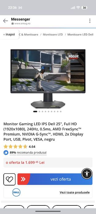 Doua Monitoare Gaming LED IPS Dell 25", Full HD (1920x1080), 240Hz, 0.