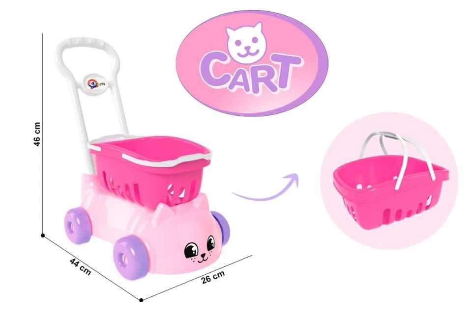 Carucior de impins in forma de pisica, cu cos de cumparaturi , roz