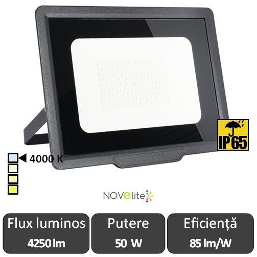 Novelite - Proiector slim LED de Exterior 50W IP65 6500K Alb-Rece Negr