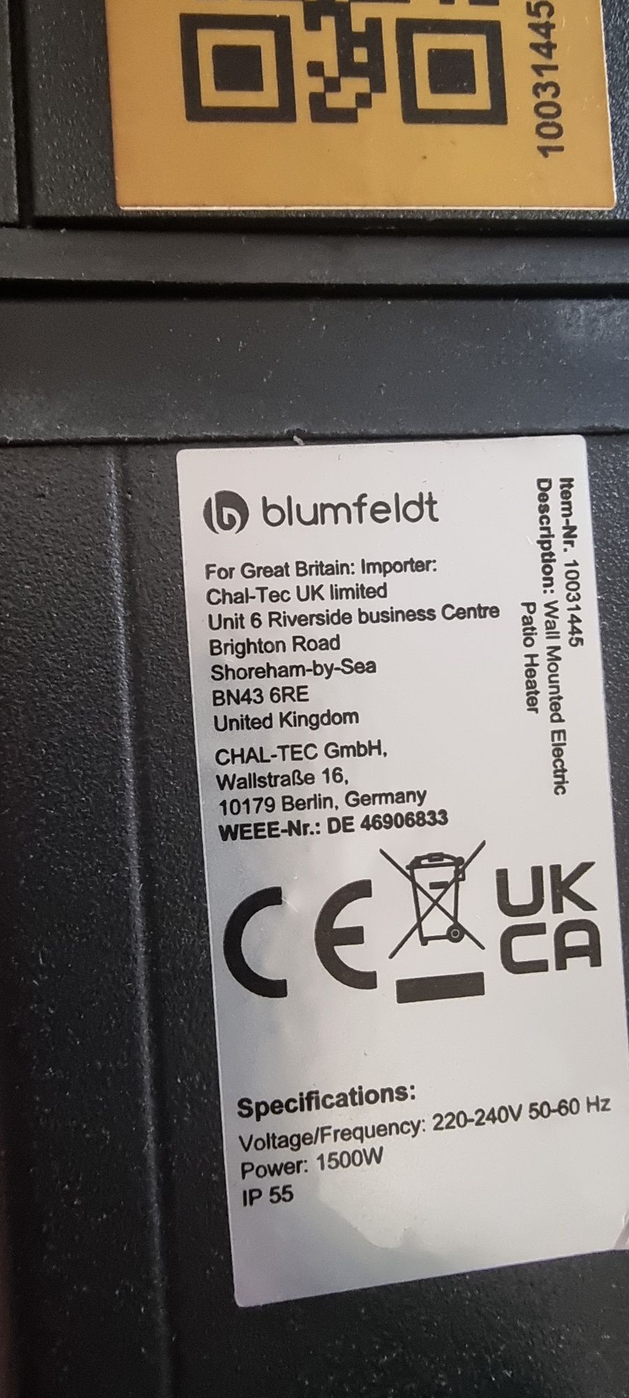 Нагревател за тераса Blumfeldt 1500w за части