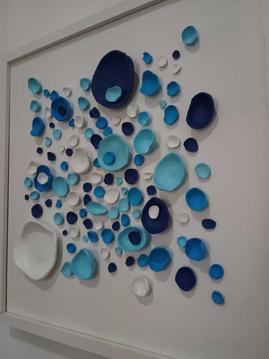 Tablou modern 3D alb-albastru–decor perete, lucrat manual,piesă unicat