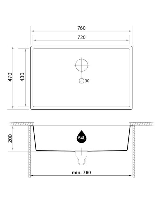 Chiuveta Primagran London 80 negru, montare sub blat (755x450)