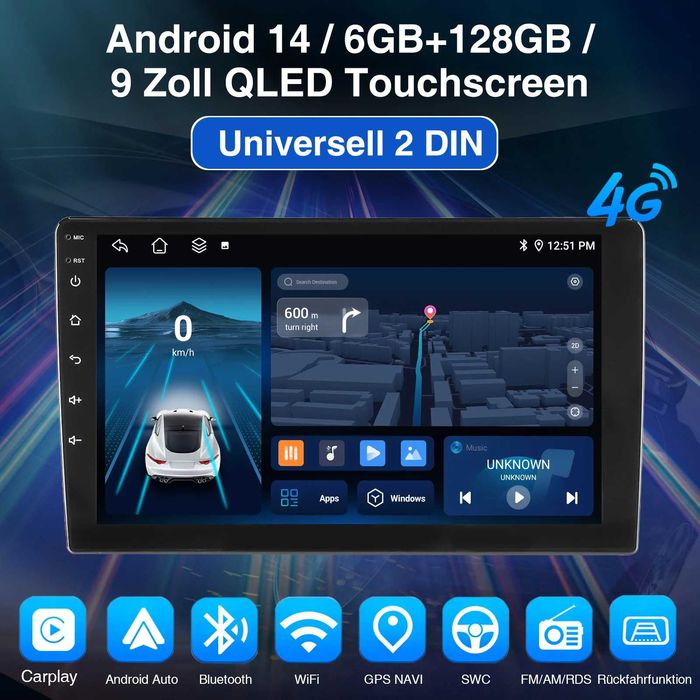 9” 2-DIN мултимедия с Android 14, 4G/LTE, RDS, 6/128GB