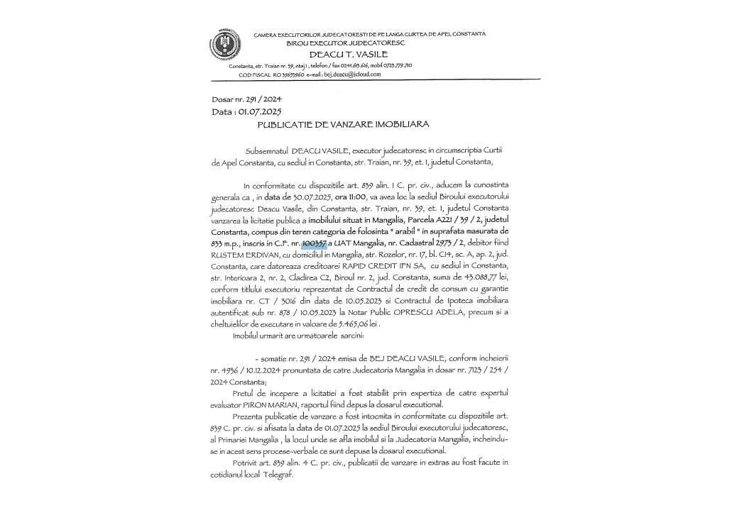LICITATIE Teren intravilan Mangalia