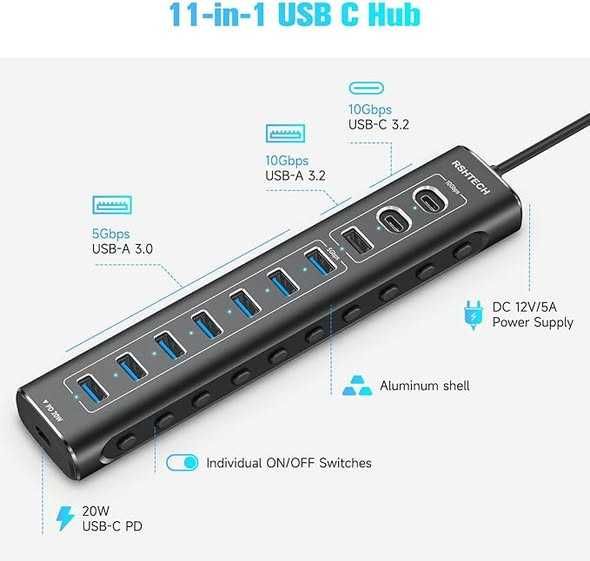 Hub USB 3.2 RSHTECH alimentat la 60W, Hub USBC cu 11 porturi