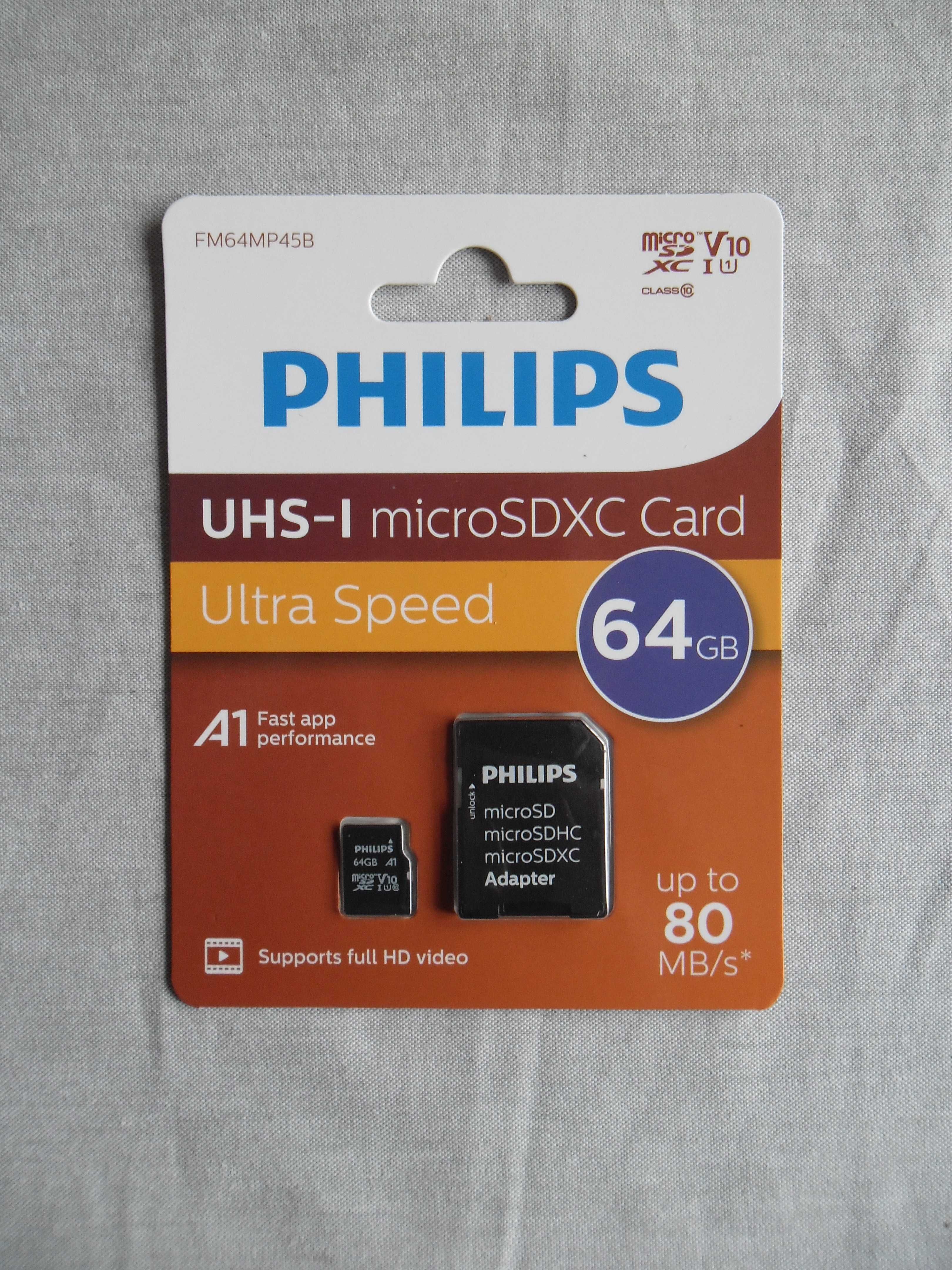 Карта памет Philips 64GB, microSDHC, class 10 с адаптер.