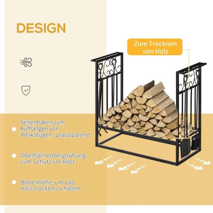 Стойка за дърва за огрев с инструменти за камина