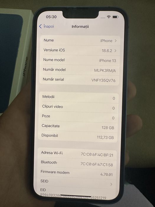 iPhone 13 albastru 128GB stare impecabila, baterie 87%, fără urme