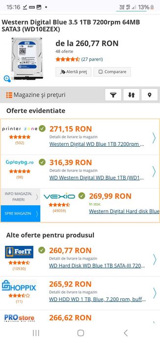 Transp. Gratuit .HDD nou Western Digital Blue 3.5 1TB 7200rpm 64MB