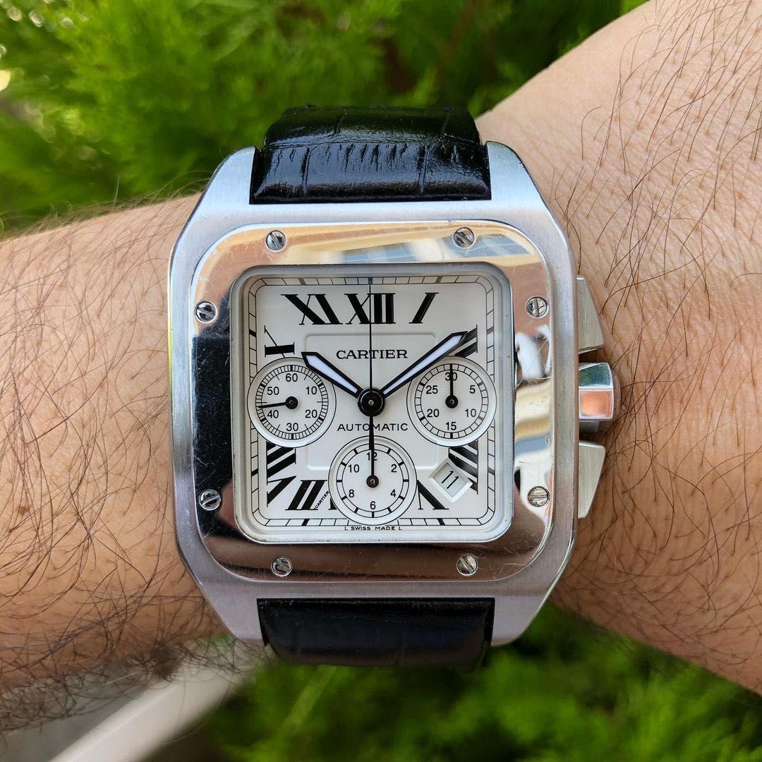 Cartier Santos 100 / Argintiu /  Piele / Cronograf /