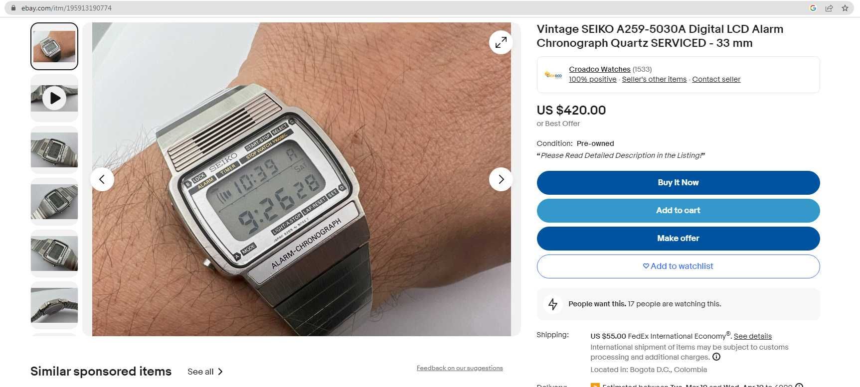 Рядък Японски часовник SEIKO A259-5030A Digital LCD Alarm Chronograph