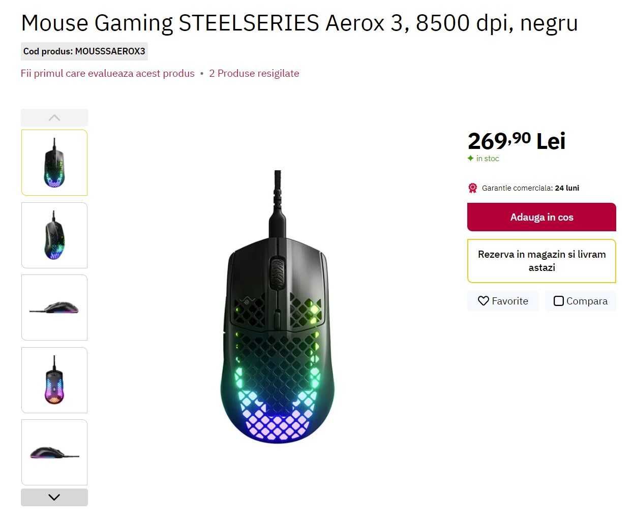 Mouse Gaming STEELSERIES Aerox 3, 8500 dpi, negru - nou nefolosit