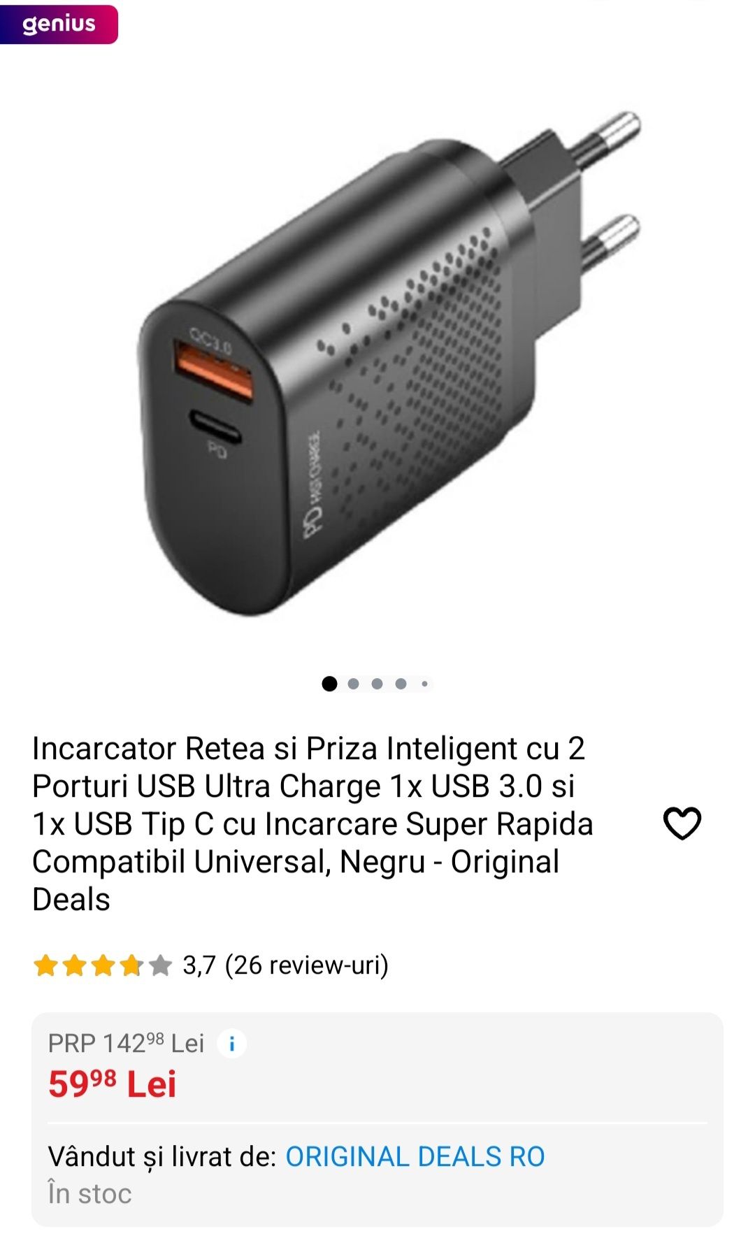 Incarcator Retea si Priza Inteligent cu 2 Porturi USB Ultra Charge