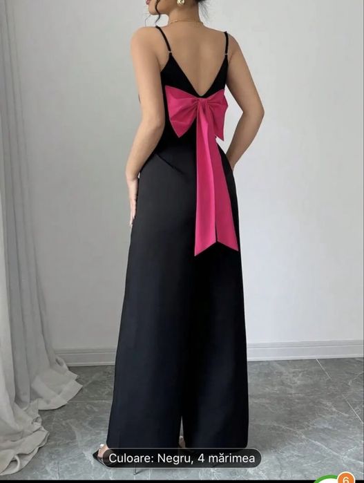 Salopeta negra eleganta cu decolteu in V ,fara maneci cu funda