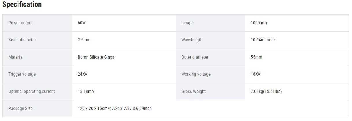 Co2 Лазерна тръба 60 вата / Co2 Laser Tube 60W