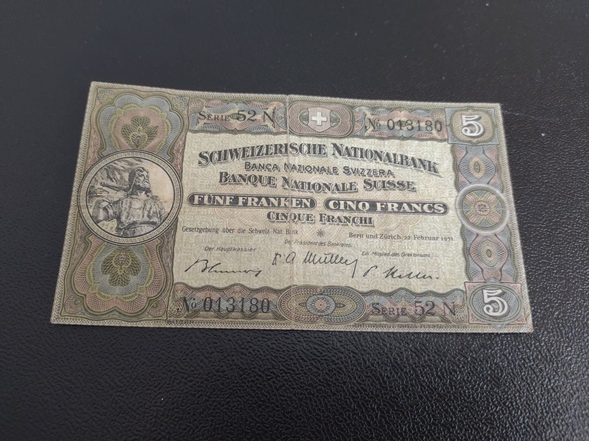 Bancnota 5 francs 1951 Elveția