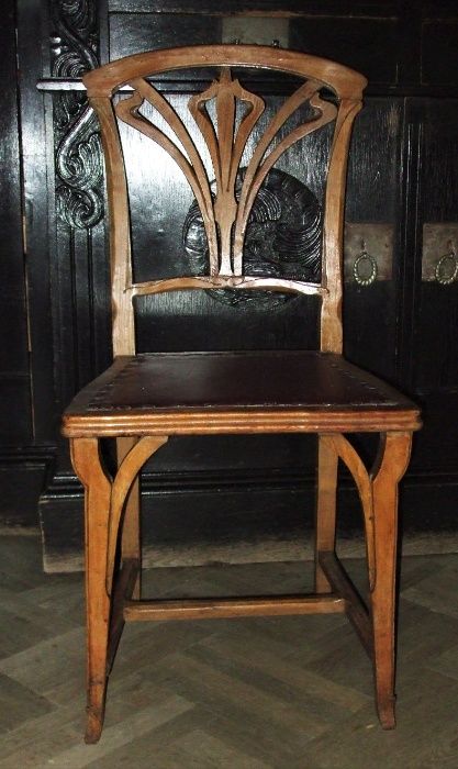Set 6 scaune autentice ”Art Nouveau” din lemn sculptat cu piele GRENA