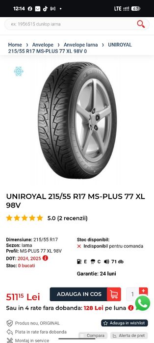 215/55R17 98V Uniroyal 7mm stare perfecta