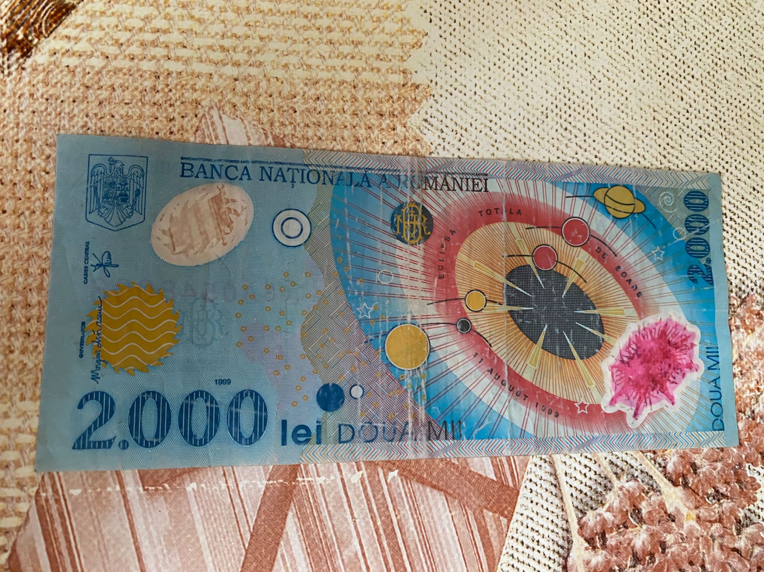Bancnota 2000 lei (eclipsa) & monede 500 lei (an 1999)