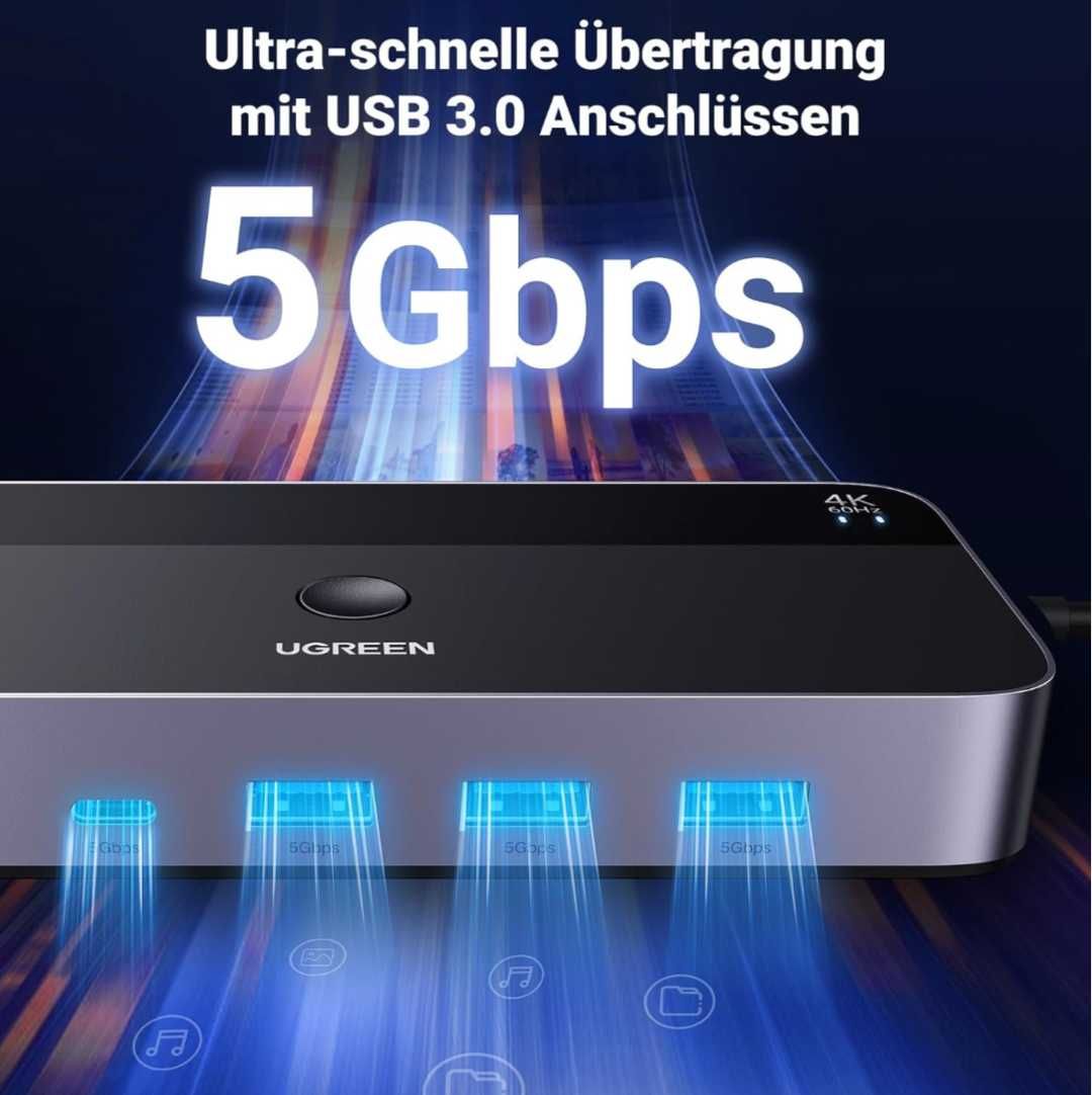 UGREEN HDMI 2.0 KVM превключвател 4K60Hz USB3.0 4 порта 3xUSB3.0+USB C