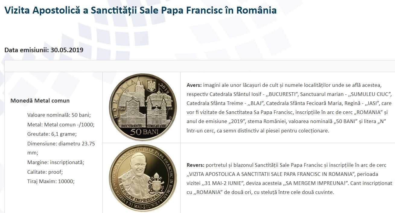 Moneda BNR 50 bani proof, Papa Francisc, gradata NGC PF 69