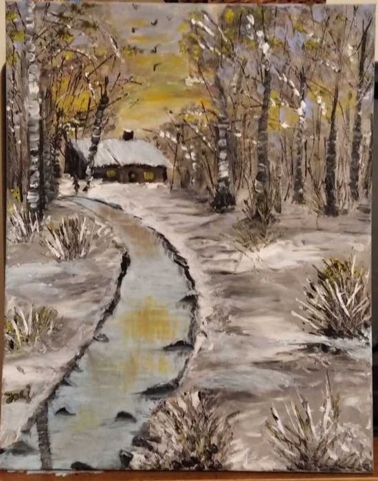 Peisaj de iarnă , pictură acrilică ,pânză