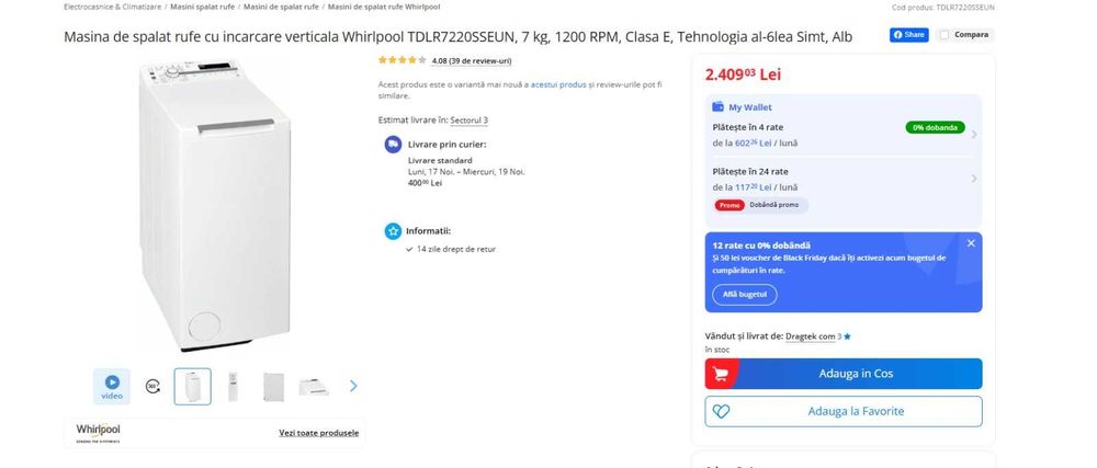 Masina de spalat rufe cu incarcare verticala Whirlpool 7 kg