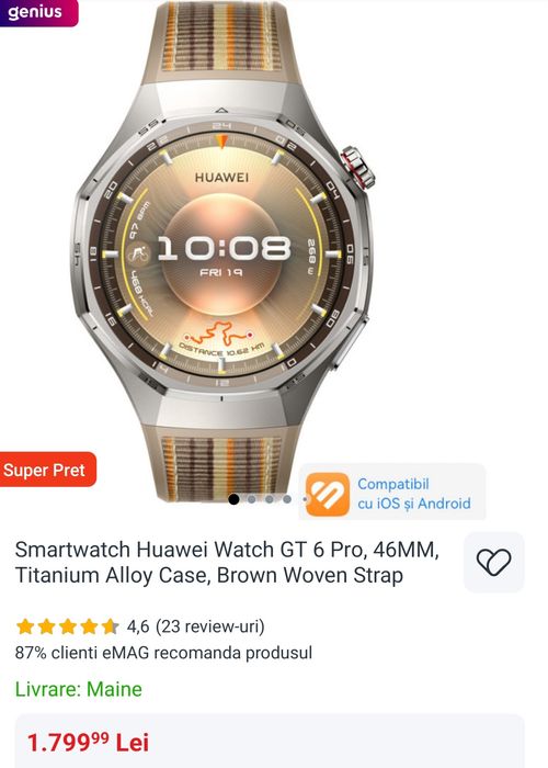 Smartwatch Huawei Watch GT 6 Pro, 46MM, Titanium Alloy Case, Brown Wov