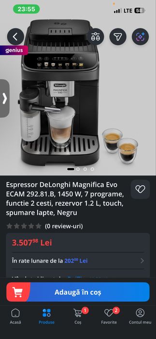 Expressor DeLonghi Magnifica Evo ECAM 292.81.B, 1450W nou.